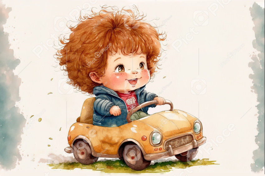 Happy redhead boy in chibi style rides a car