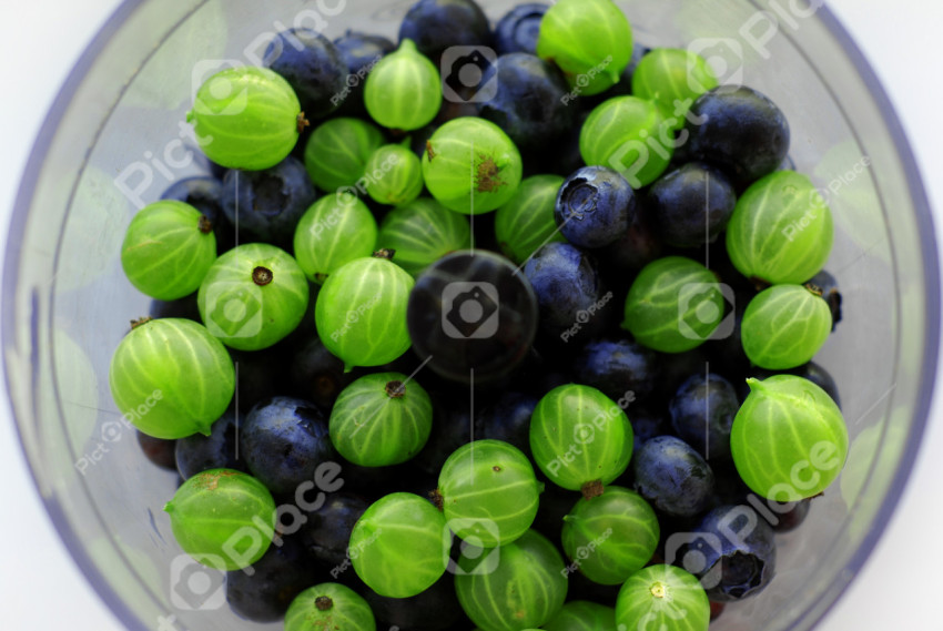 Gooseberries and blueberries in a bowl
