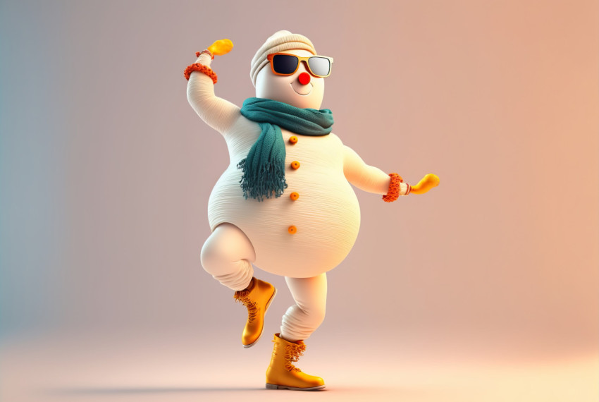 Fashionable snowman, wearing glasses with a scarf and boots, cartoon illustration