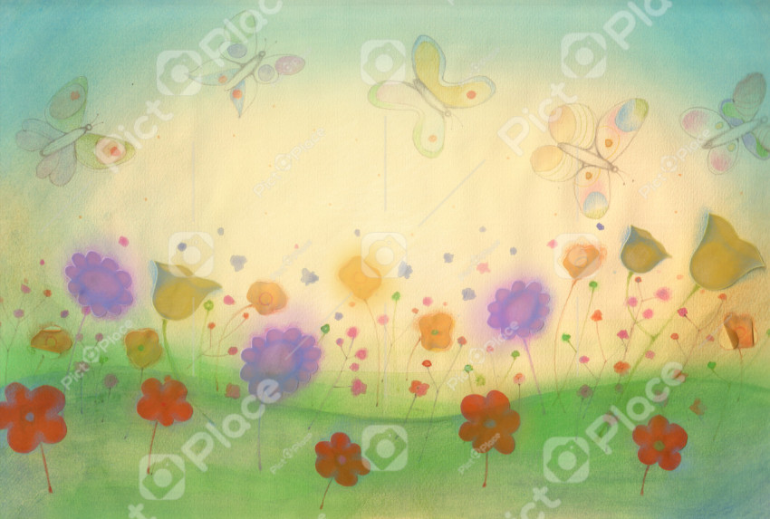 colorful flowery spring meadow with butterflies