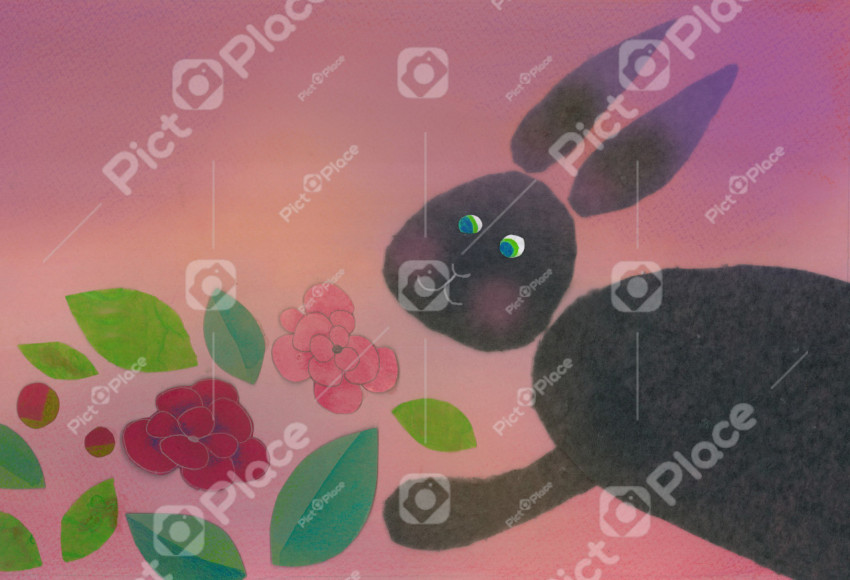 grey rabbit among flowers on pink background