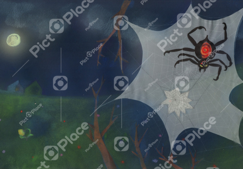 spider making a dress for a dandelion in a full moon night