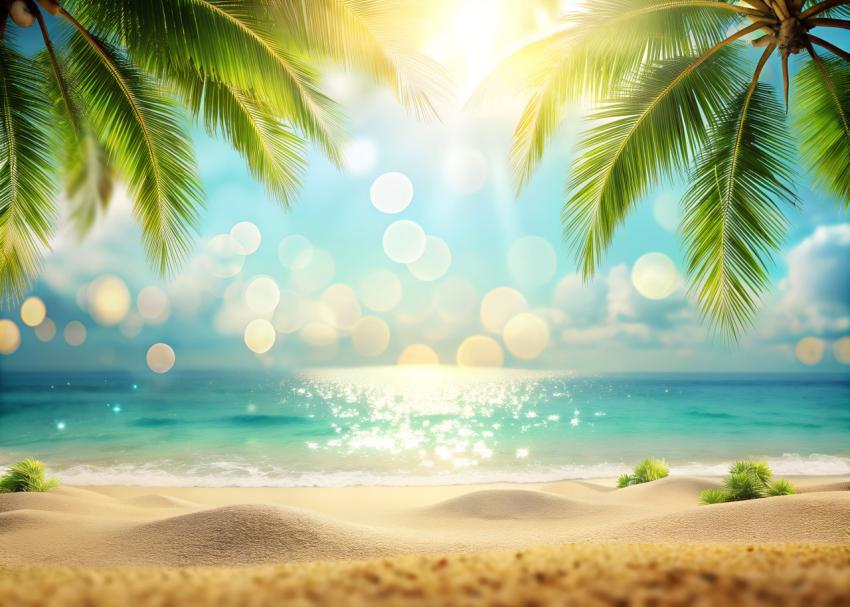 tropical summer sand beach and bokeh sun light