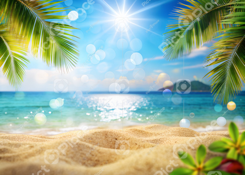 tropical summer sand beach and bokeh sun light