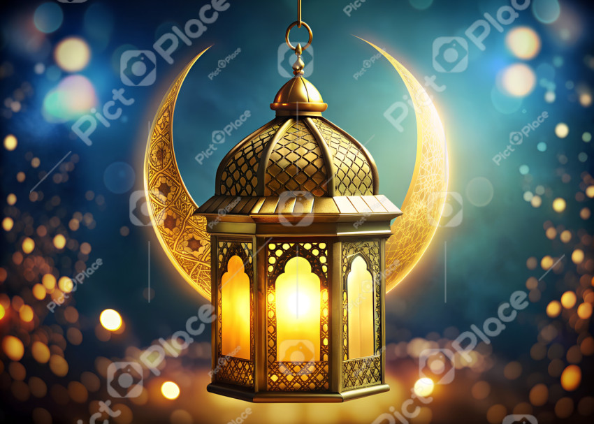 ornamental and golden arabic lantern with moon