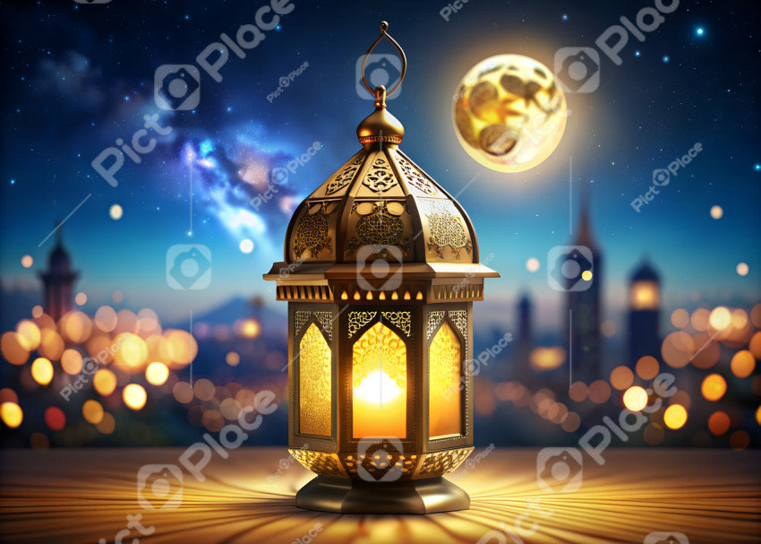 ornamental and golden arabic lantern with moon