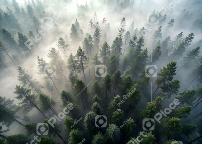 tops of a pine forest in the fog