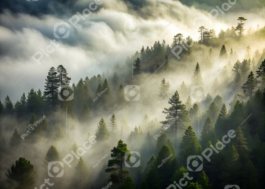 tops of a pine forest in the fog