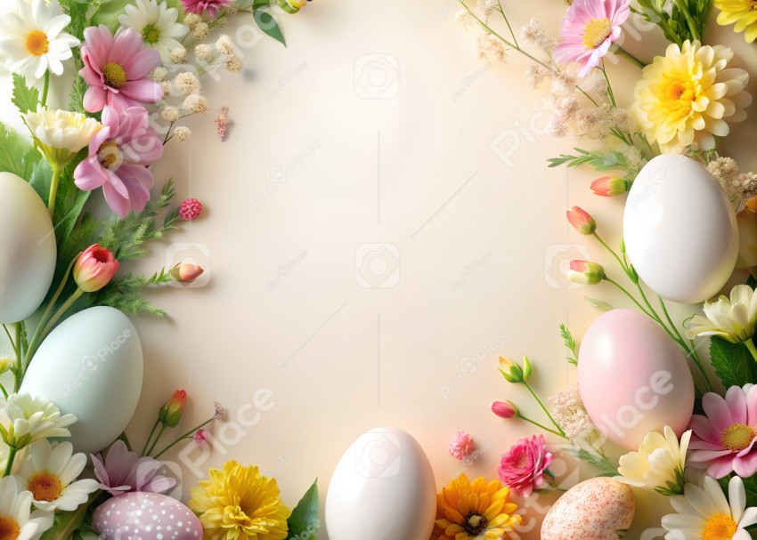 easter eggs with flowers copy space
