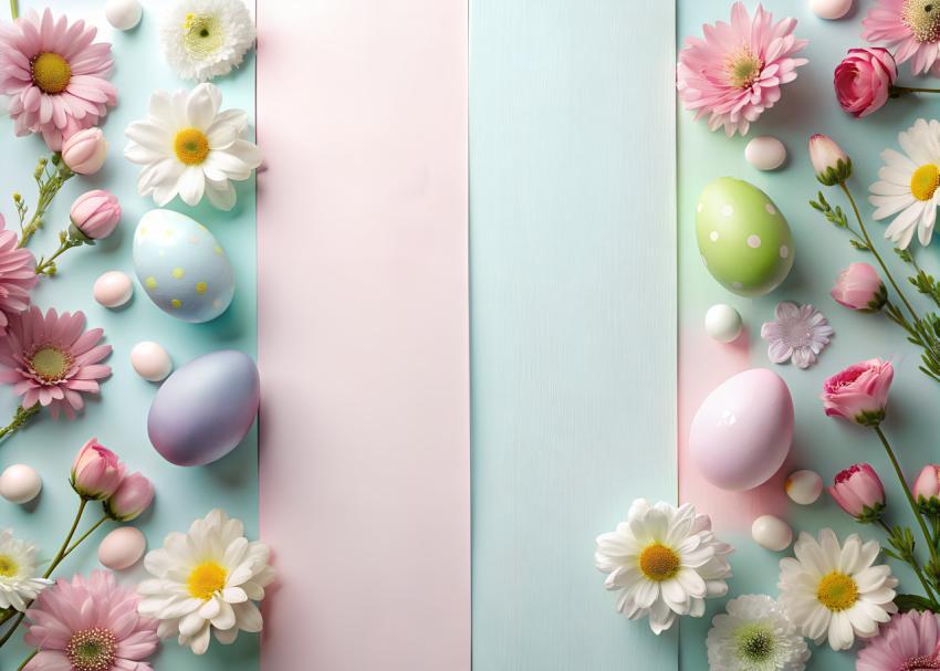 easter eggs with flowers copy space