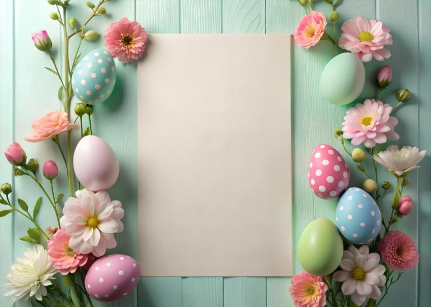 easter eggs with flowers copy space