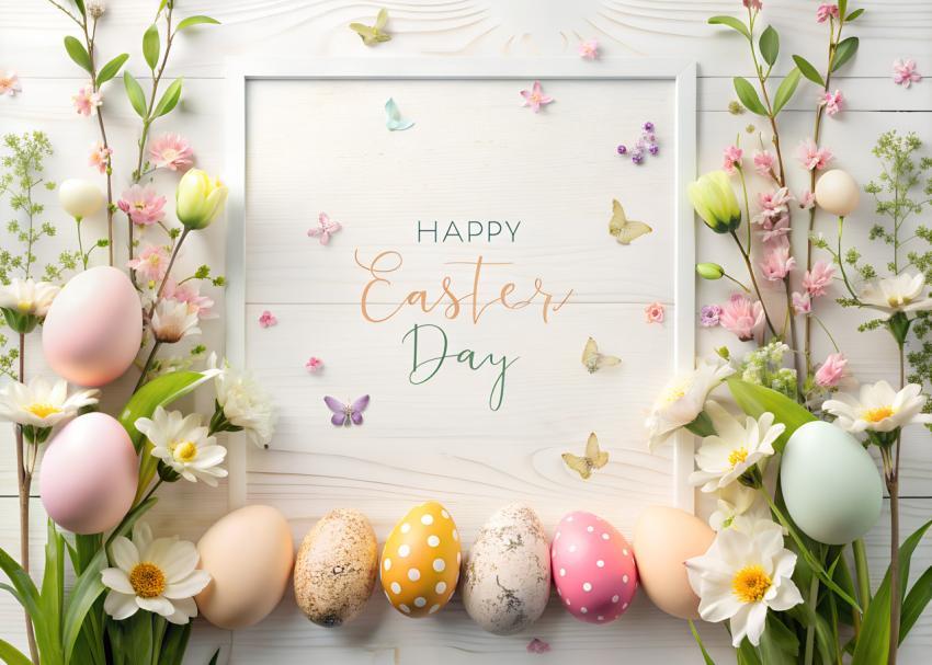 easter eggs with flowers copy space