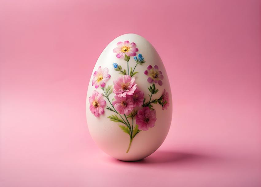 easter egg with flowers on pink background