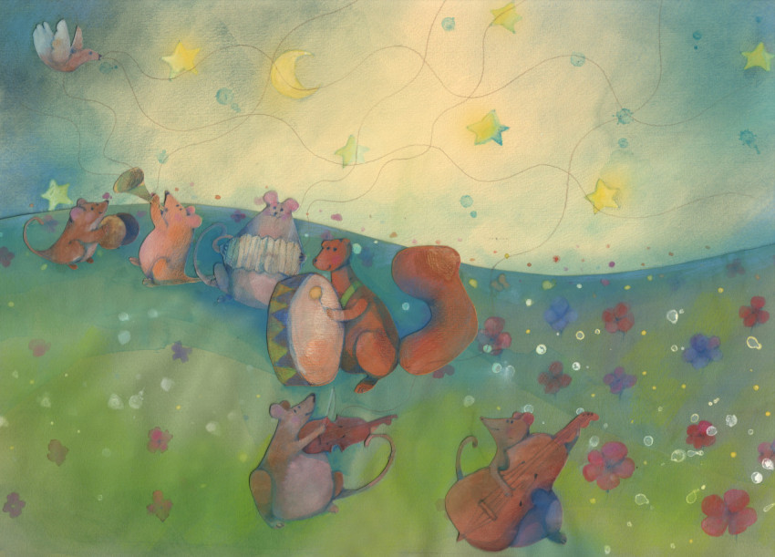 forest animals playing instruments on a flowery meadow in the starry spring night