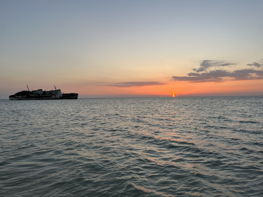 sea, ship in the distance