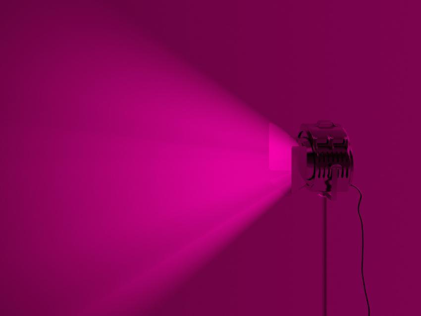 The spotlight shines with volumetric light. Empty blank space for information. 3D illustration, 3D rendering.