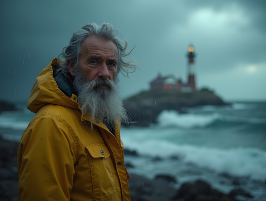 Weathered Lighthouse Keeper Standing in a Storm