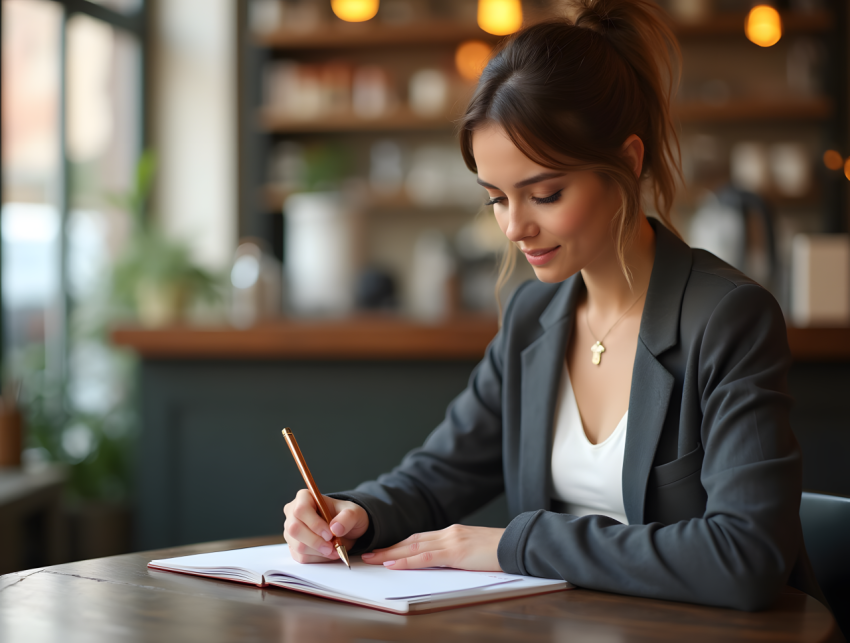 Female Entrepreneur Planning at a Cafe