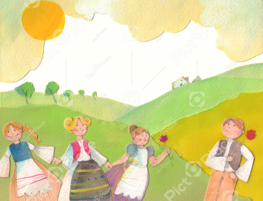 summer countryside with young people in ethnic clothes