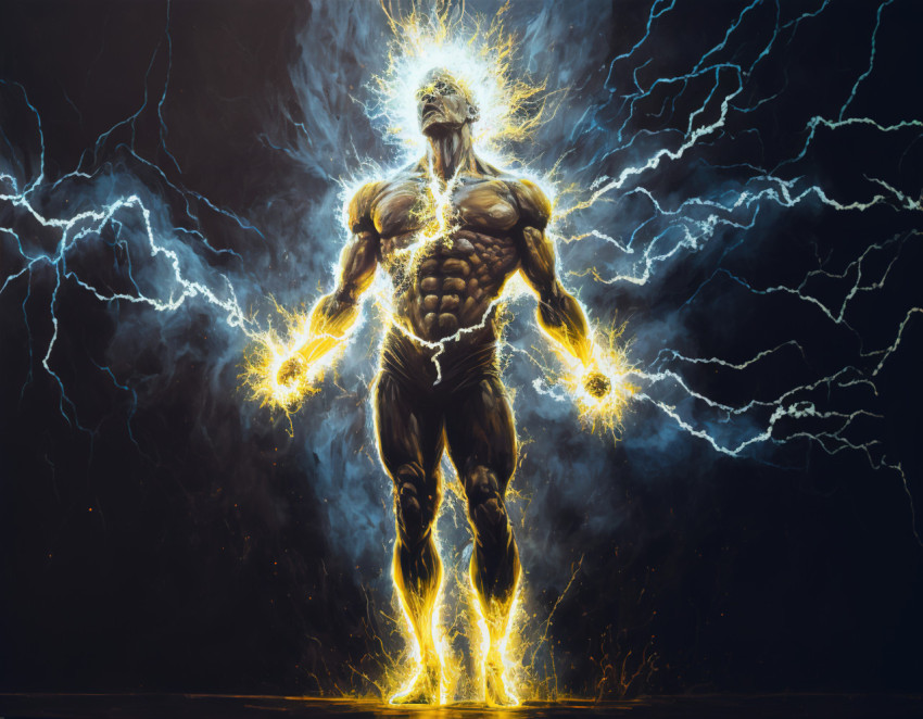 Man in lightning bolts, illustration