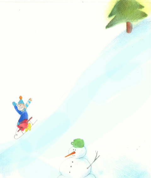 boy in a sleigh sliding down a snowy hill