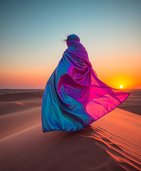 Woman in Flowing Iridescent Fabric in Desert Sunset