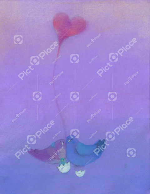 lovebirds with their newborn baby on a violet background
