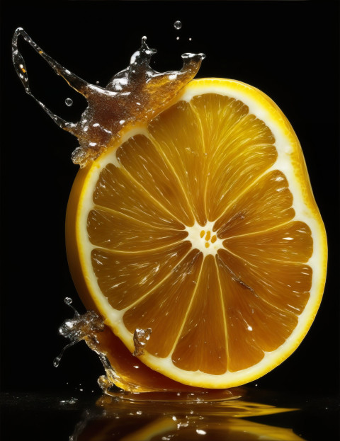 Citrus Burst: Photorealistic Illustration of a Sliced Lemon with Splashing Droplets"
