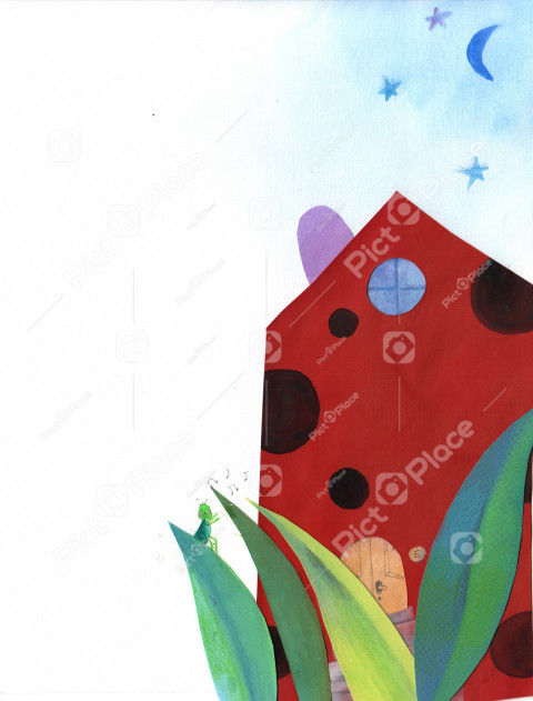 Ladybug`s house and a cricket singing on a grass blade in front