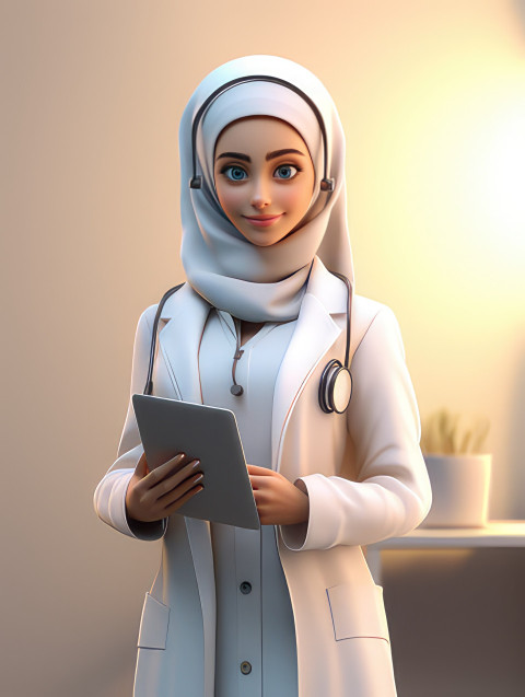 Photo woman doctor with white coat, wearing hijab and hold stethoscope and note book