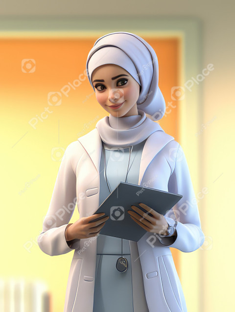 Photo arabian woman doctor with white coat, wearing hijab and hold stethoscope and note book