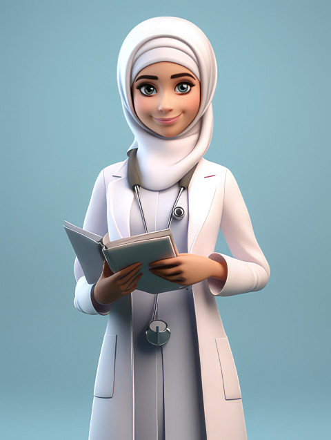 Photo woman doctor with white coat, wearing hijab and hold stethoscope and note book