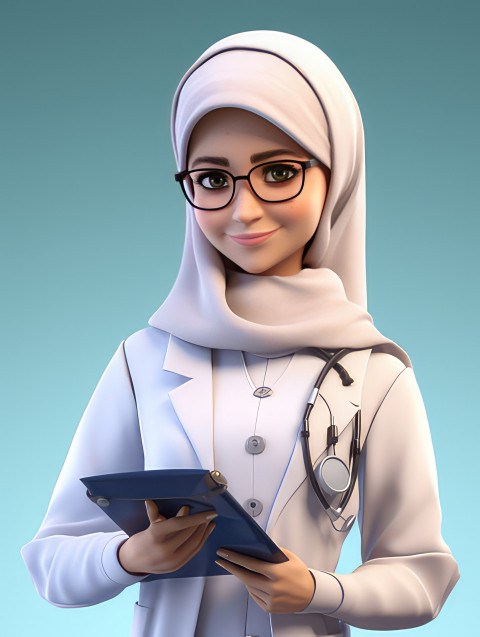 Photo woman doctor with white coat, wearing hijab and hold stethoscope and note book