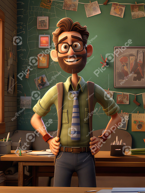 Back to school picture theme, photo a great teacher  smile, 3d cartoon character