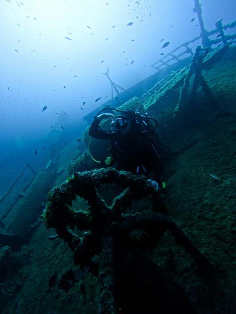 A diver looks at the wreck of a ship