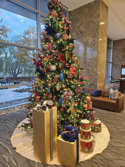 decorated Christmas tree in a hotel lobby