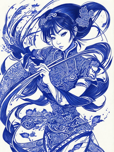 A blue and white drawing of a woman holding a sword.