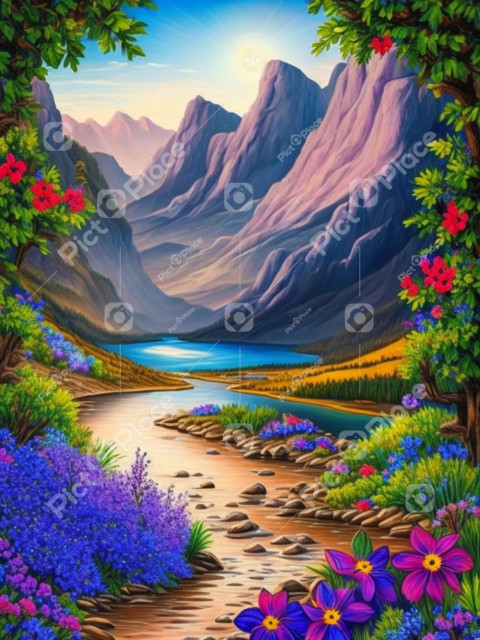 A beautiful landscape with a lake and flowers