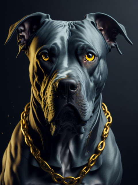 A painting of a black pitbull dog