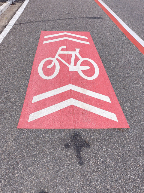 Painting of a red cycle lane exclusively for bicycles, in an urban center.