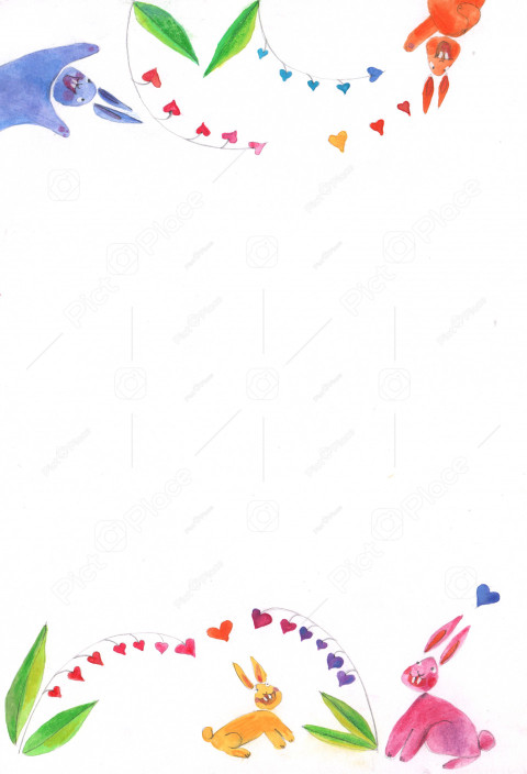 background of bright colorful bunnies among the heart-shaped flowers