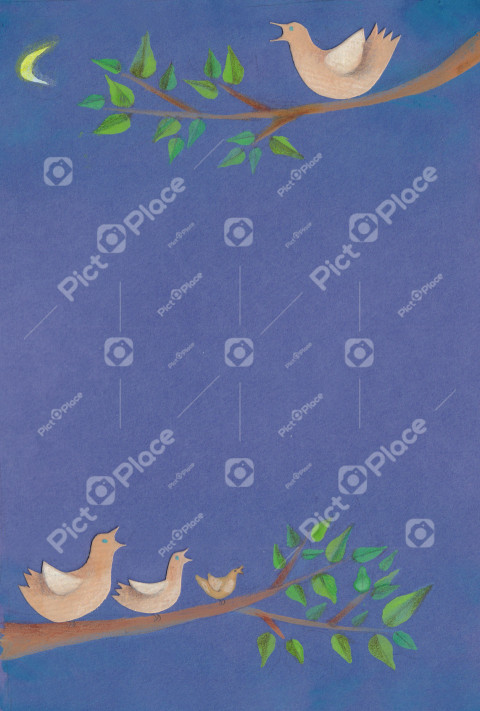 birds singing on leafy branches in a spring blue night