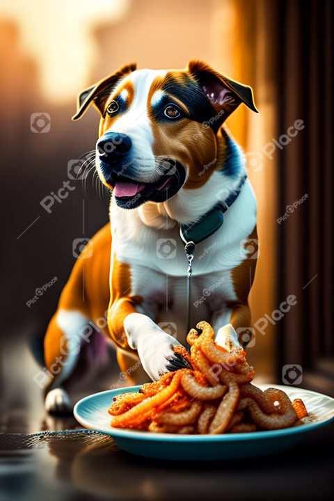 perro comiendo calamares