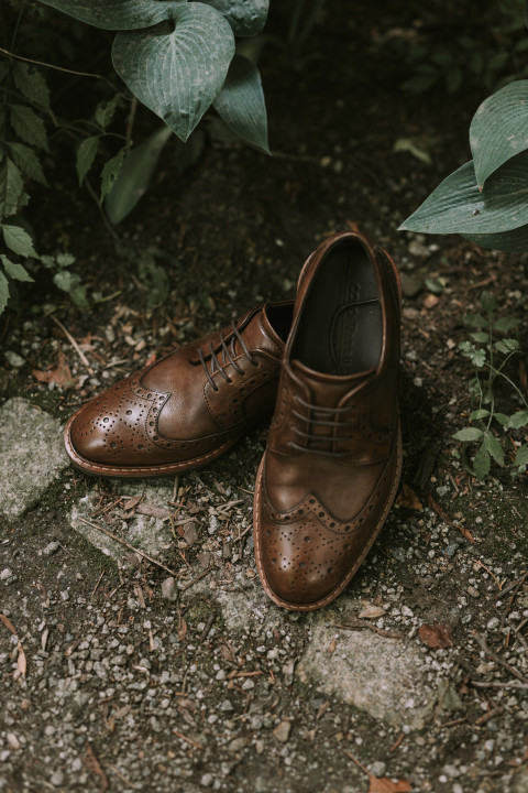 Men's wedding shoes stand on the ground among plants