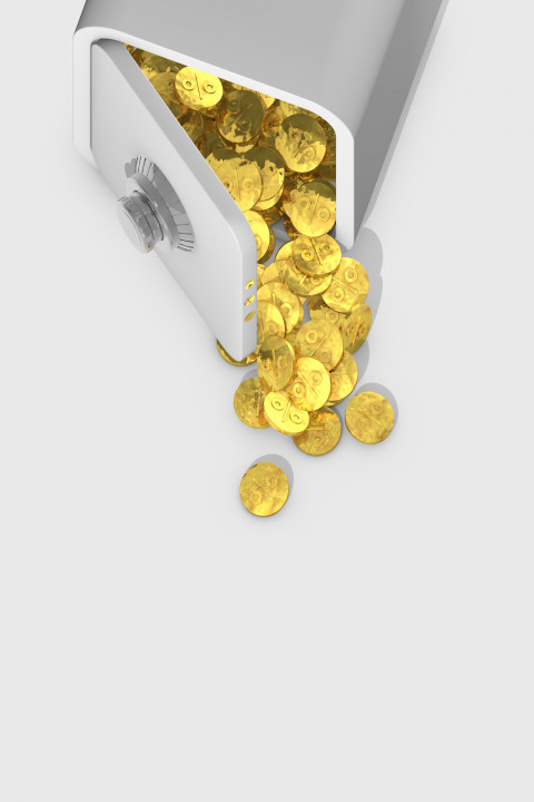 A safe with an open door from which gold coins with the image of percent fall out. 3d illustration. 3d rendering