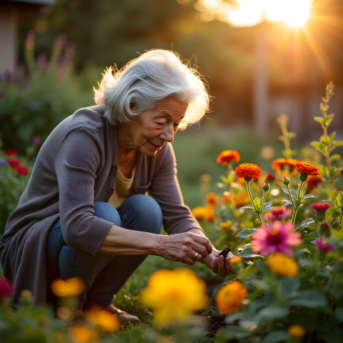 Golden Years in Bloom: Elderly Gardener at Sunset