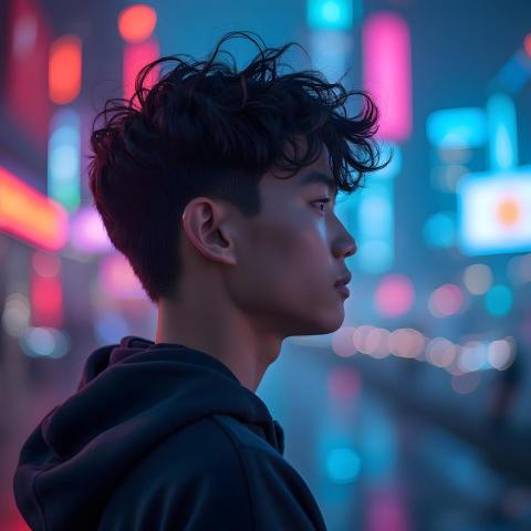 Cyberpunk Side Portrait of an Asian Man with Futuristic Neon Background