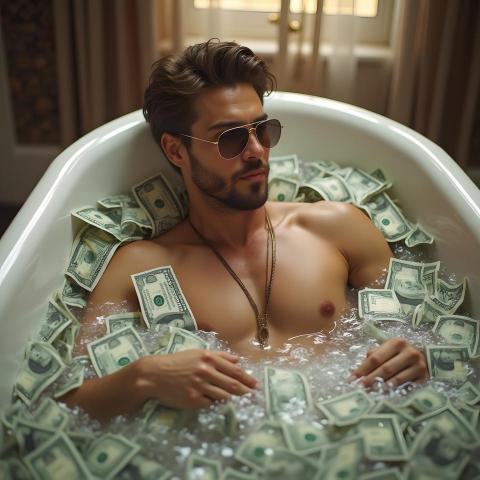 Wealth and Extravagance: Man in Glasses Relaxing in a Bathtub Full of Dollars