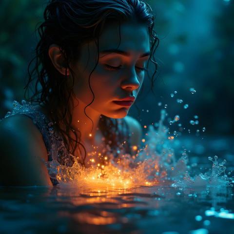 Ethereal Beauty: Woman in Water with Splashes and Underwater Light