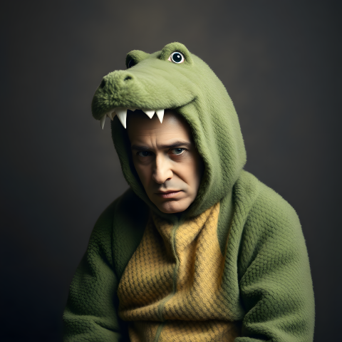 Pensive Man in Dinosaur Costume